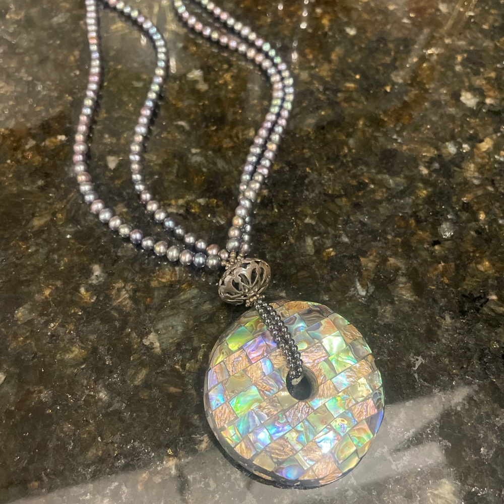 Vintage Abalone Shell Pendant Necklace w/ Pearl Beads and Sterling Silver Clasp